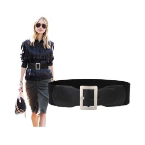 suosdey wide elastic belt for women, stretch cinch waist belt for ladies dresses with metal buckle,black belt with silver buckle