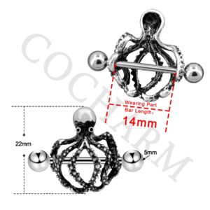 COCHARM 2PCS 14G Octopus Nipple Rings Nipple Piercing Jewelry for Women 14mm Short Nipple Shield Stainless Steel