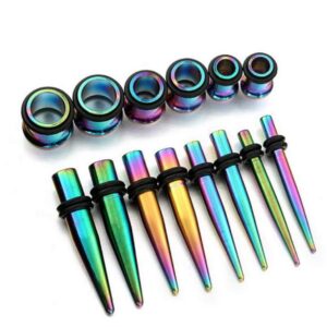 Kjiasiw 36PCS Ear Gauge Stretching Kit Stainless Steel Tapers and Plugs Set Eyelet 14G-00G Body Piercing Jewelry (Rainbow)