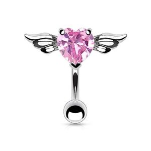 Amelia Fashion 14GA Angel Winged Heart 8mm CZ Top Down Belly Button/Navel Ring 316L Surgical Steel (Choose Color) (Steel & Pink)