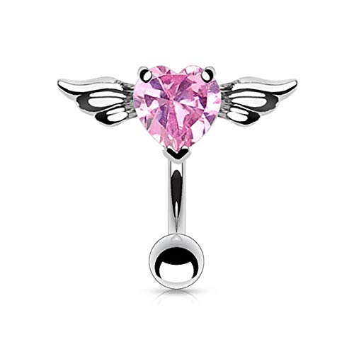 Amelia Fashion 14GA Angel Winged Heart 8mm CZ Top Down Belly Button/Navel Ring 316L Surgical Steel (Choose Color) (Steel & Pink)