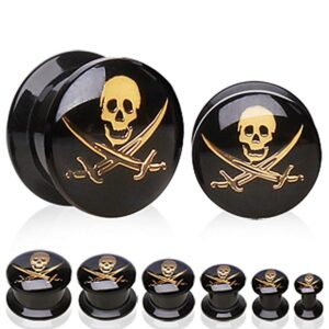 uv coated acrylic double flared screw fit ear plug with pirate logo (1/2")