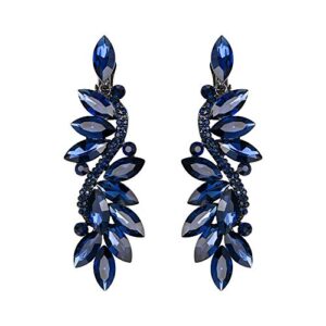 brilove wedding bridal clip on earrings for women crystal multi marquise filigree flower chandelier dangle earrings navy blue sapphire color black-silver-tone