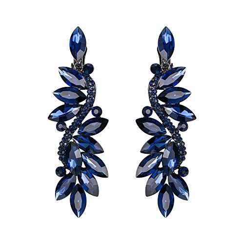 BriLove Wedding Bridal Clip On Earrings for Women Crystal Multi Marquise Filigree Flower Chandelier Dangle Earrings Navy Blue Sapphire Color Black-Silver-Tone