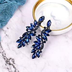 BriLove Wedding Bridal Clip On Earrings for Women Crystal Multi Marquise Filigree Flower Chandelier Dangle Earrings Navy Blue Sapphire Color Black-Silver-Tone