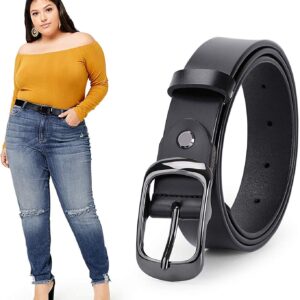 WERFORU Women Black Leather Belt Plus Size Polished Buckle for Jeans Pants(Suit for Size 50-54 Inches, Black)