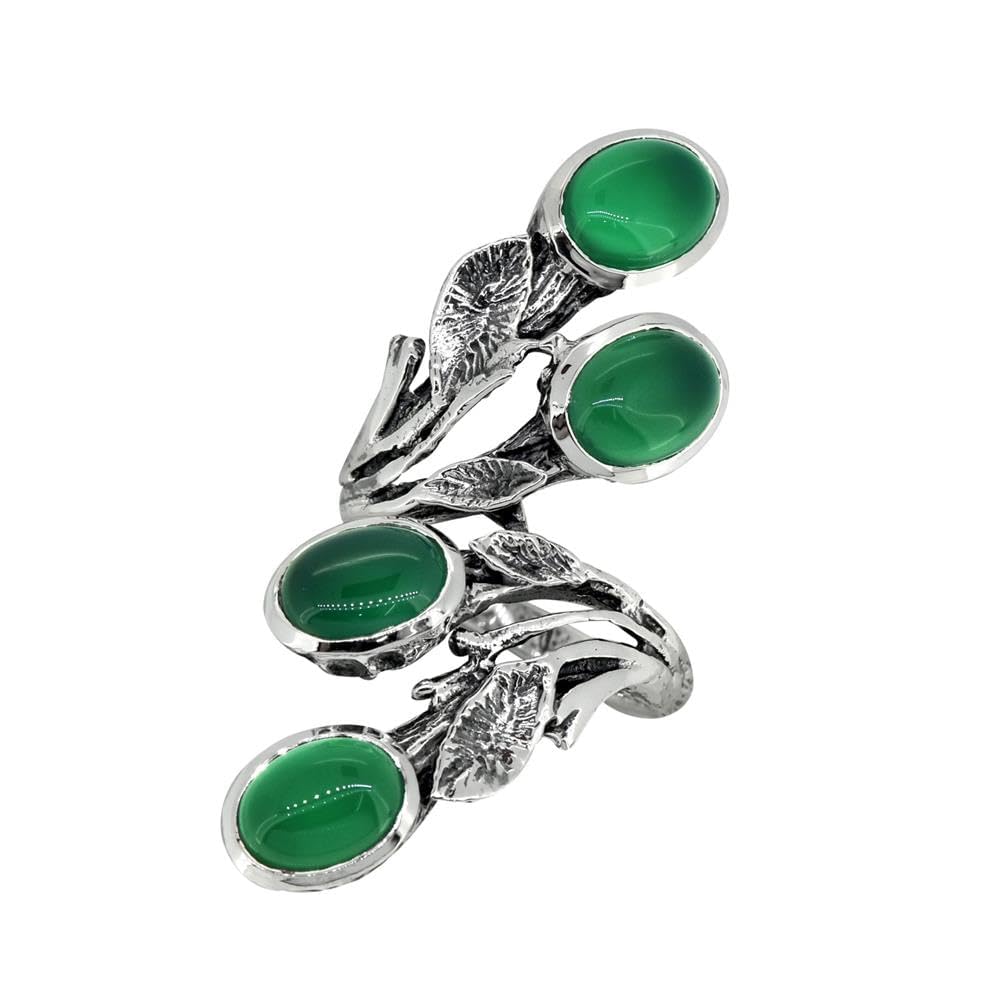 YoTreasure Green Onyx Solid Sterling Silver Innovative Leaf Vine Ring