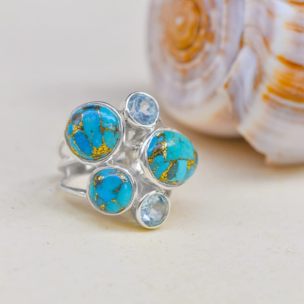 YoTreasure Blue Turquoise Topaz Solid 925 Sterling Silver Chunky Ring Jewelry