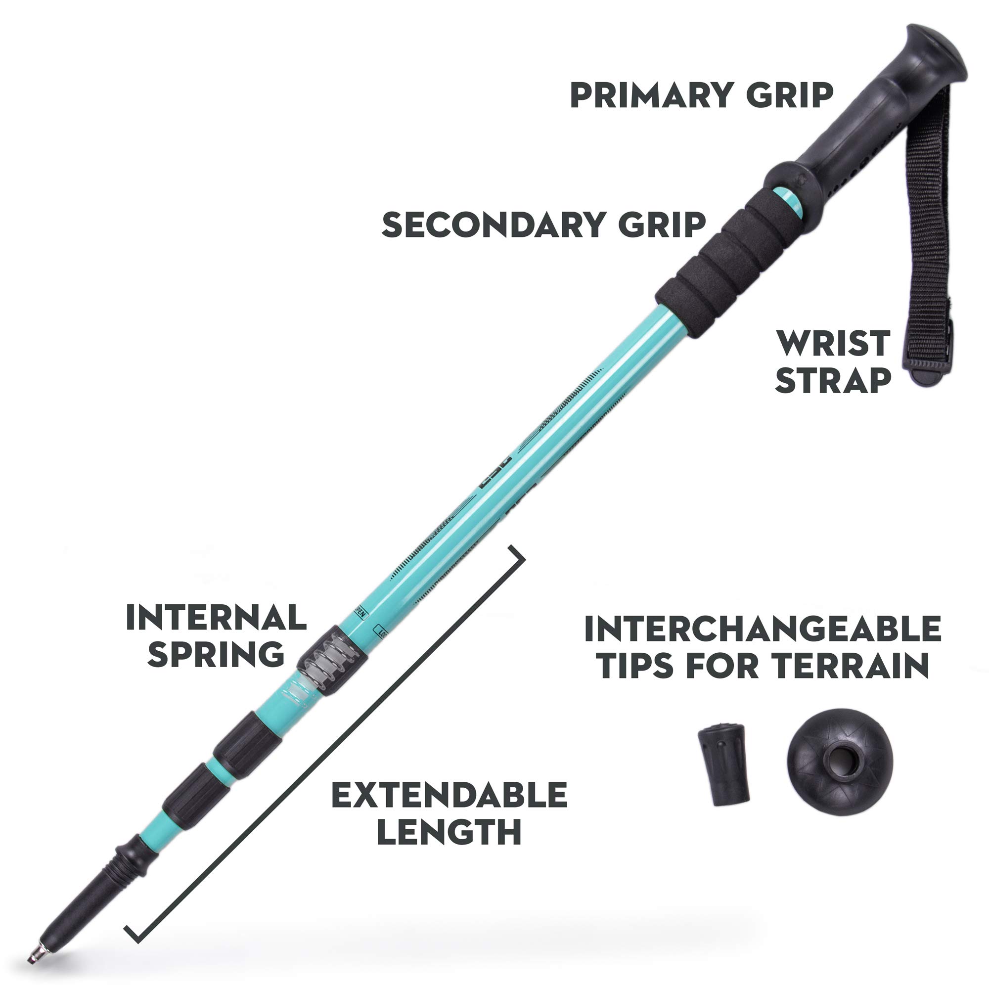 Trekking Pole & Walking Staff | Strong, Lightweight Aluminum | Extends up to 53" Collapses down to 23" | All-terrain: Interchangeable Carbonite Ice Pick Tip, Rubber Asphalt Tip, and Snow Cap (Teal)