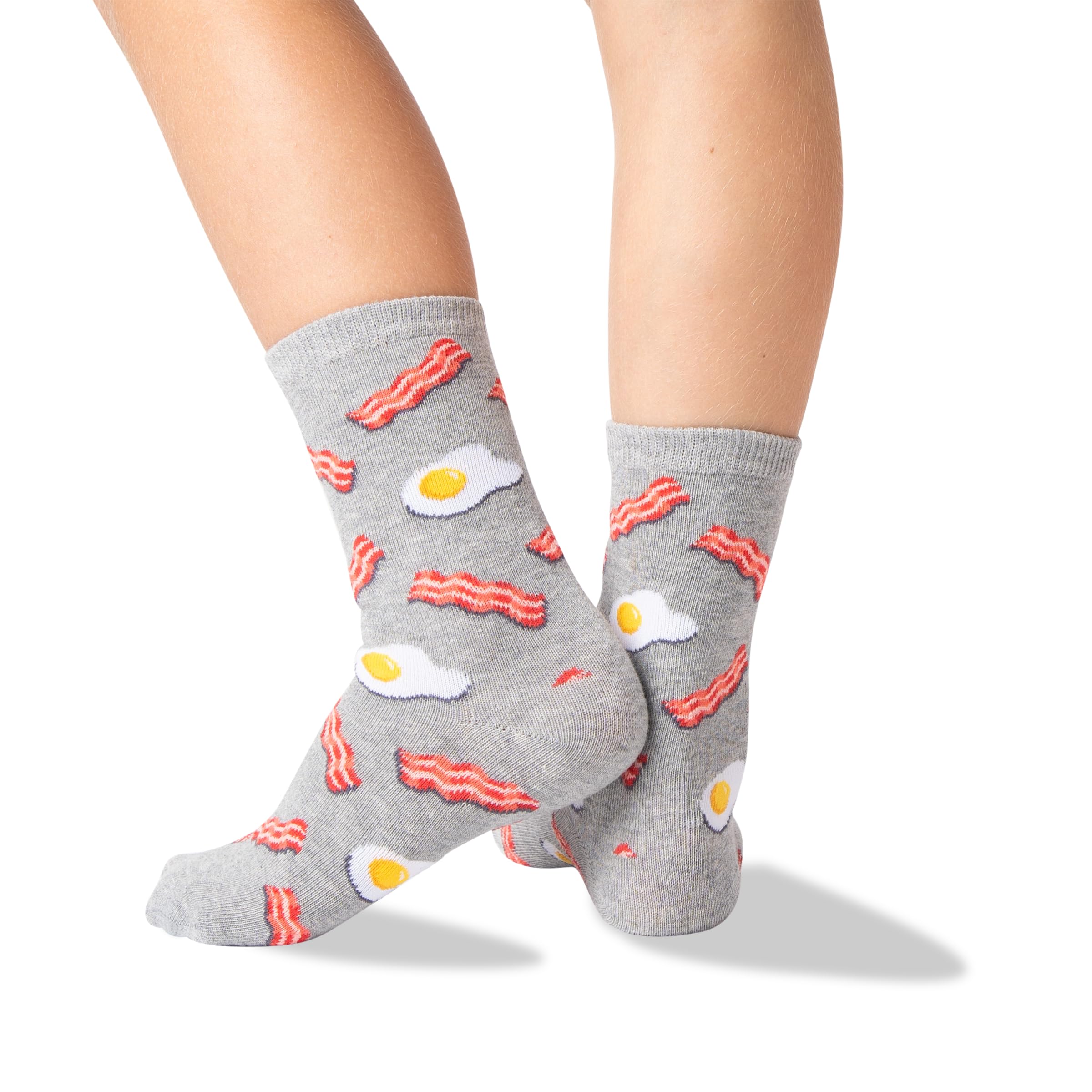 Hot Sox Kids' Big Fun Food & Drink Crew Socks-1 Pair Pack-Cool & Cute Boys & Girls Gifts, Eggs and Bacon (Sweatshirt Gray Heather), Large-X-Large