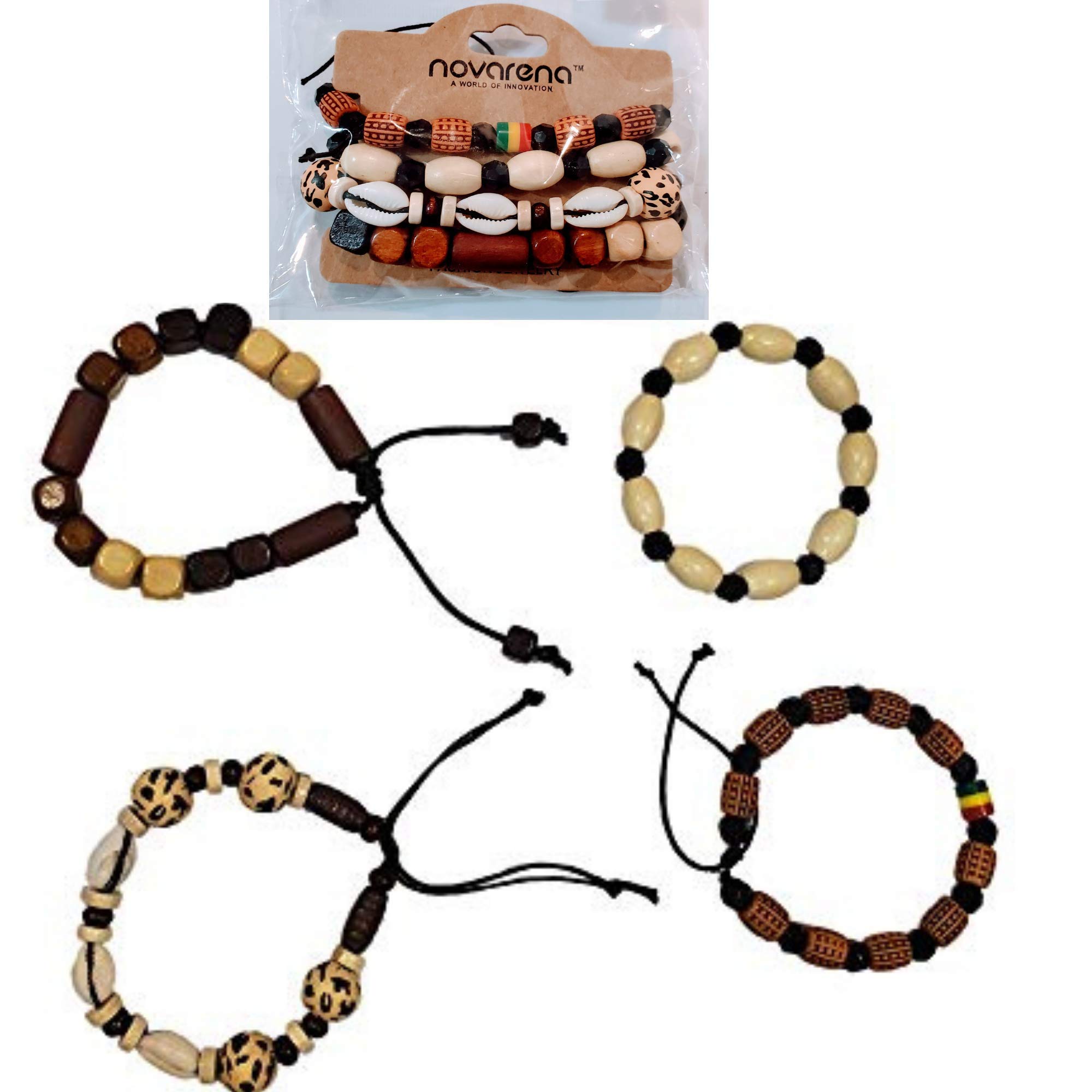 Novarena 1-24 Pcs Bracelets and Necklaces for Men Women Beaded Bracelets Multi Layer Stackable Ethnic Tribal African Traditional (4 Pcs Bracelets Set - Style A)