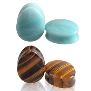 NewZenro Amazonite Tiger Eye Teardrop Ear Gauges Plugs Tunnels Stretcher Expanders Natural Organic Stones Double Flared Earrings Piercing Jewelry (7/8"(22mm)