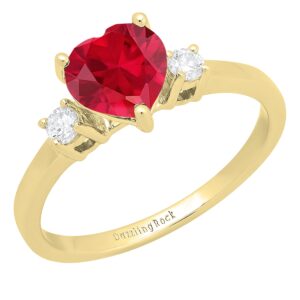 Dazzlingrock Collection 7mm Heart Lab Created Ruby & Round White Diamond 3 Stone Engagement Ring for Women in 10K Solid Yellow Gold Size 9