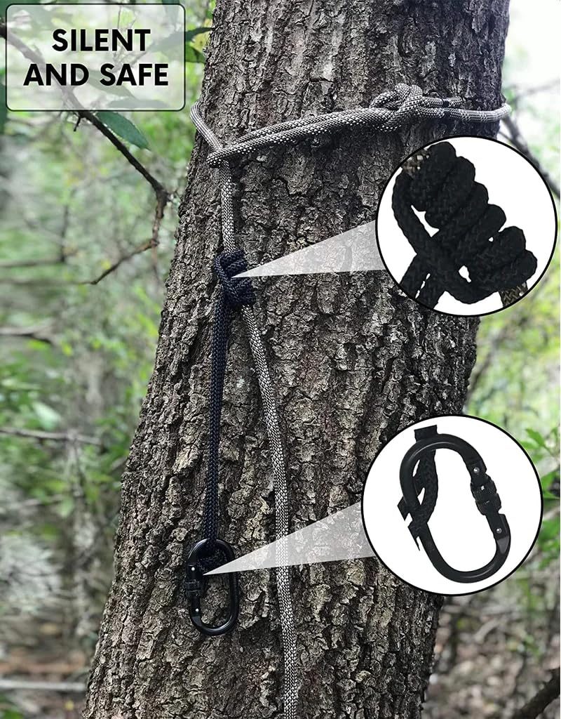 Reflective Safety Rope for Tree Stand - 30ft Premium Treestand LifeLine Rope Hunting - Safety Harness Lifeline Rope. Treestand Safety Harness Rope Camo with Prusik knot life line and Carabiner