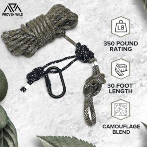 Reflective Safety Rope for Tree Stand - 30ft Premium Treestand LifeLine Rope Hunting - Safety Harness Lifeline Rope. Treestand Safety Harness Rope Camo with Prusik knot life line and Carabiner