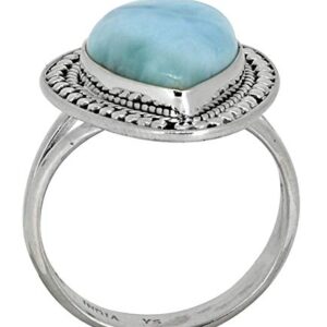 YoTreasure Solid 925 Sterling Silver Pear Shape Larimar Ring