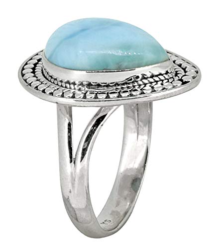 YoTreasure Solid 925 Sterling Silver Pear Shape Larimar Ring