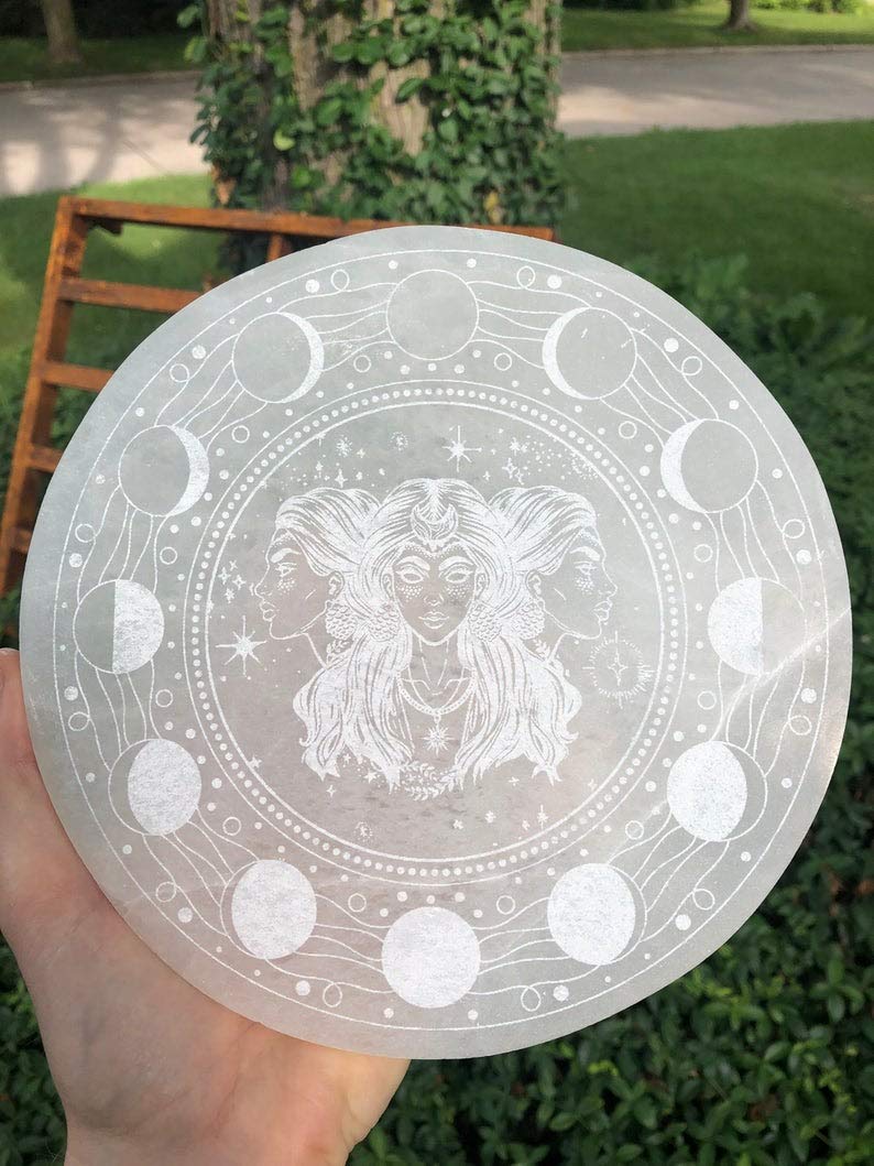 CrystalsAhoy Ethically Mined 6" Etched Selenite Charging Plate, Etched with Hecate, Goddess Charging Station, Etched in Appleton, WI USA