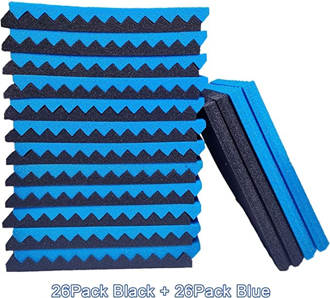 HJGFK2018 52 Pack Acoustic Foam Panels,1" x 12" x 12" Black/BLUE Acoustic Wedge Studio Foam Sound Absorption Wall Panels