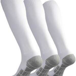 CWVLC Soccer Socks Mens Womens 3 Pairs Sport Equipment Team Athletic Knee High Long Tube Cotton Compression Socks White Large (10-13 Women/8-12 Men)