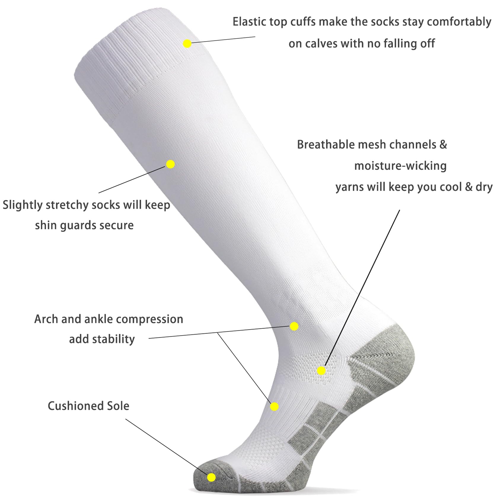 CWVLC Soccer Socks Mens Womens 3 Pairs Sport Equipment Team Athletic Knee High Long Tube Cotton Compression Socks White Large (10-13 Women/8-12 Men)