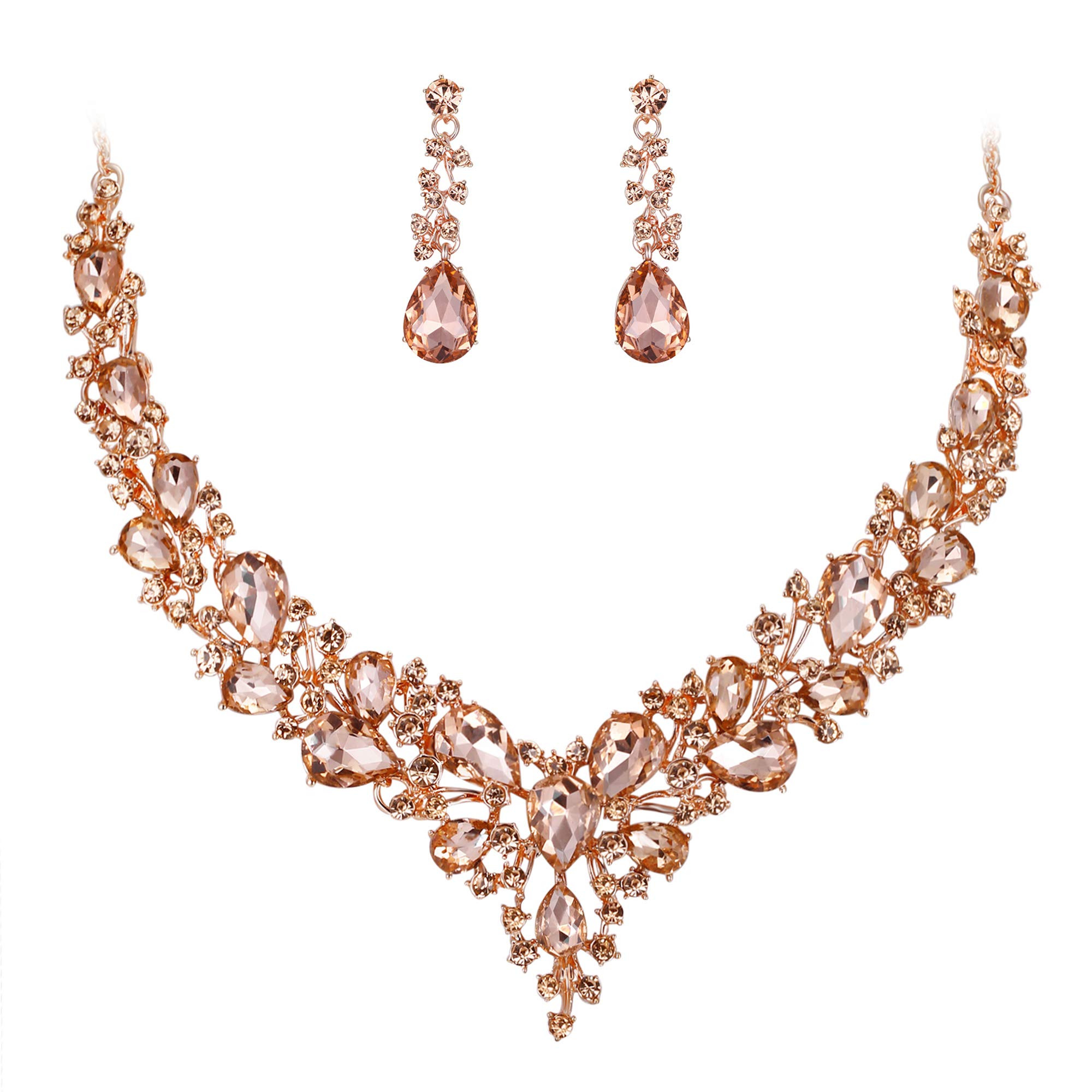 BriLove Wedding Bridal Necklace Earrings Jewelry Set for Women Austrian Crystal Teardrop Cluster Statement Necklace Dangle Earrings Set Peach Morganite Color Rose-Gold-Toned.