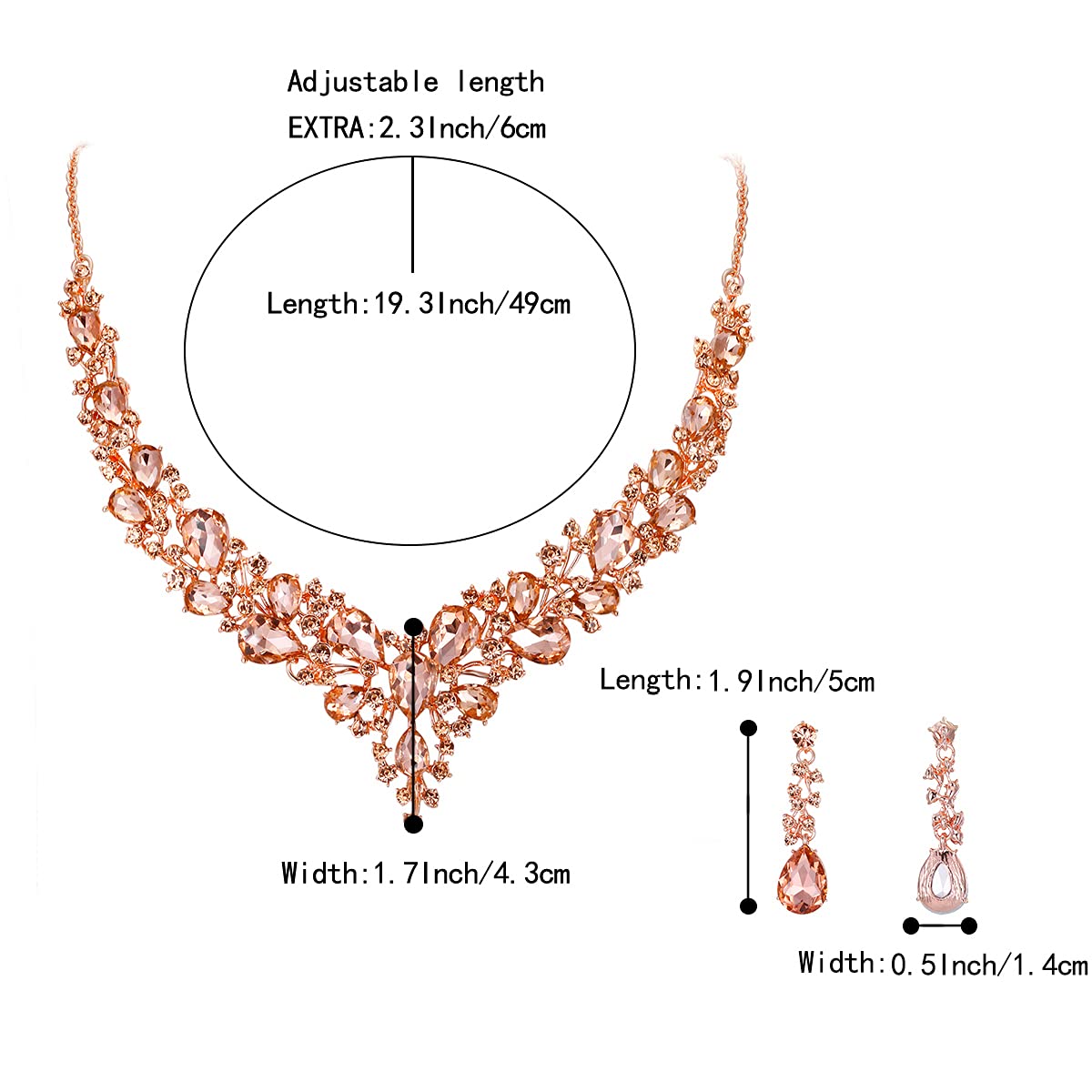 BriLove Wedding Bridal Necklace Earrings Jewelry Set for Women Austrian Crystal Teardrop Cluster Statement Necklace Dangle Earrings Set Peach Morganite Color Rose-Gold-Toned.