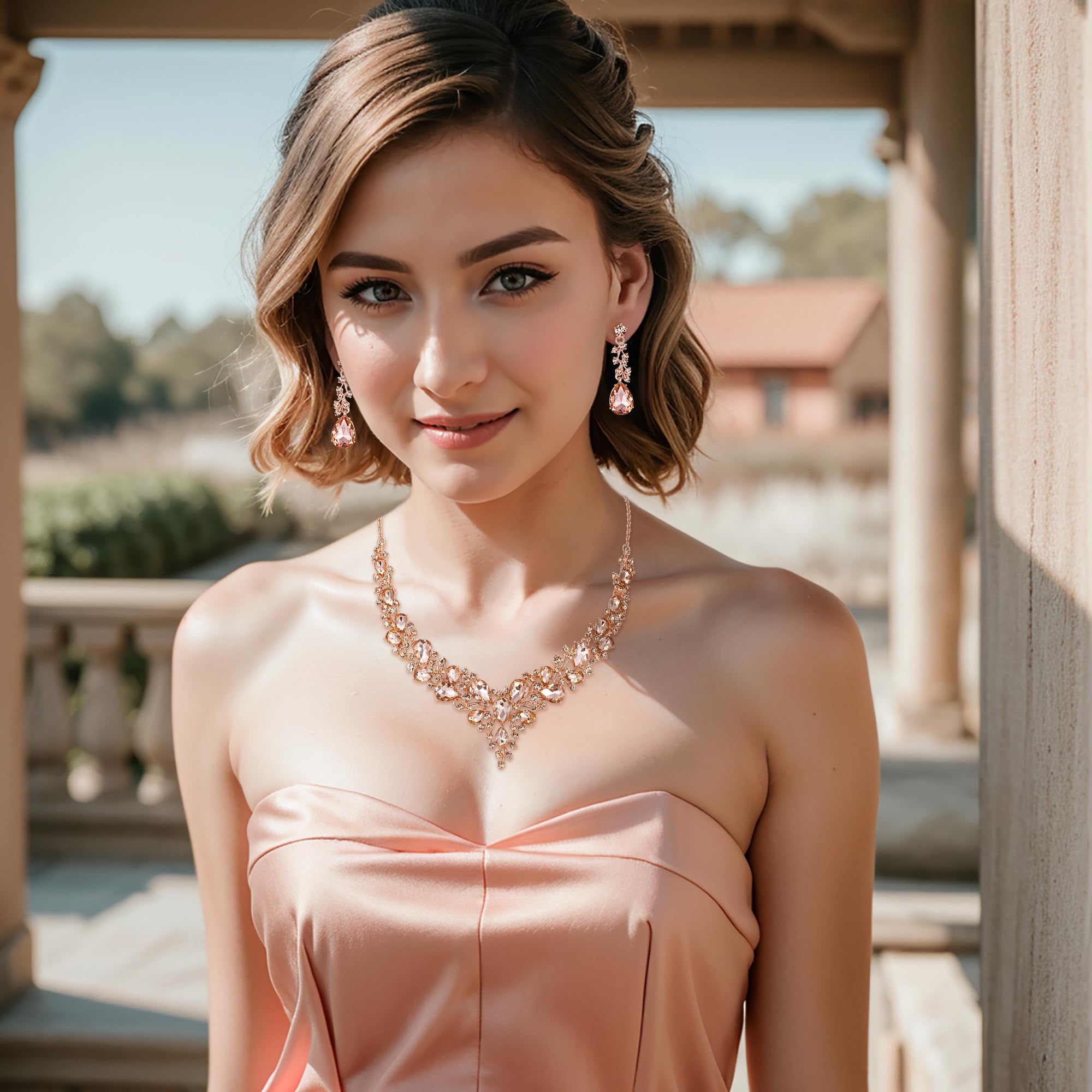 BriLove Wedding Bridal Necklace Earrings Jewelry Set for Women Austrian Crystal Teardrop Cluster Statement Necklace Dangle Earrings Set Peach Morganite Color Rose-Gold-Toned.