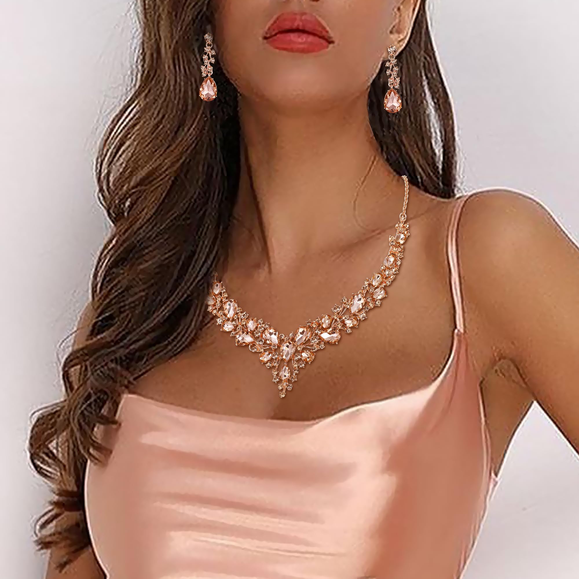 BriLove Wedding Bridal Necklace Earrings Jewelry Set for Women Austrian Crystal Teardrop Cluster Statement Necklace Dangle Earrings Set Peach Morganite Color Rose-Gold-Toned.