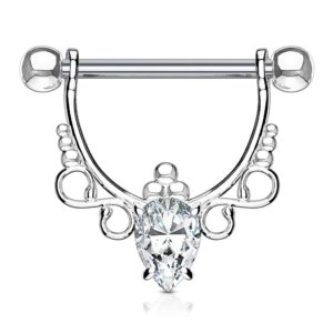 wildklass pear cz center with infinite filigree dangle 316l surgical steel nipple rings (clear)