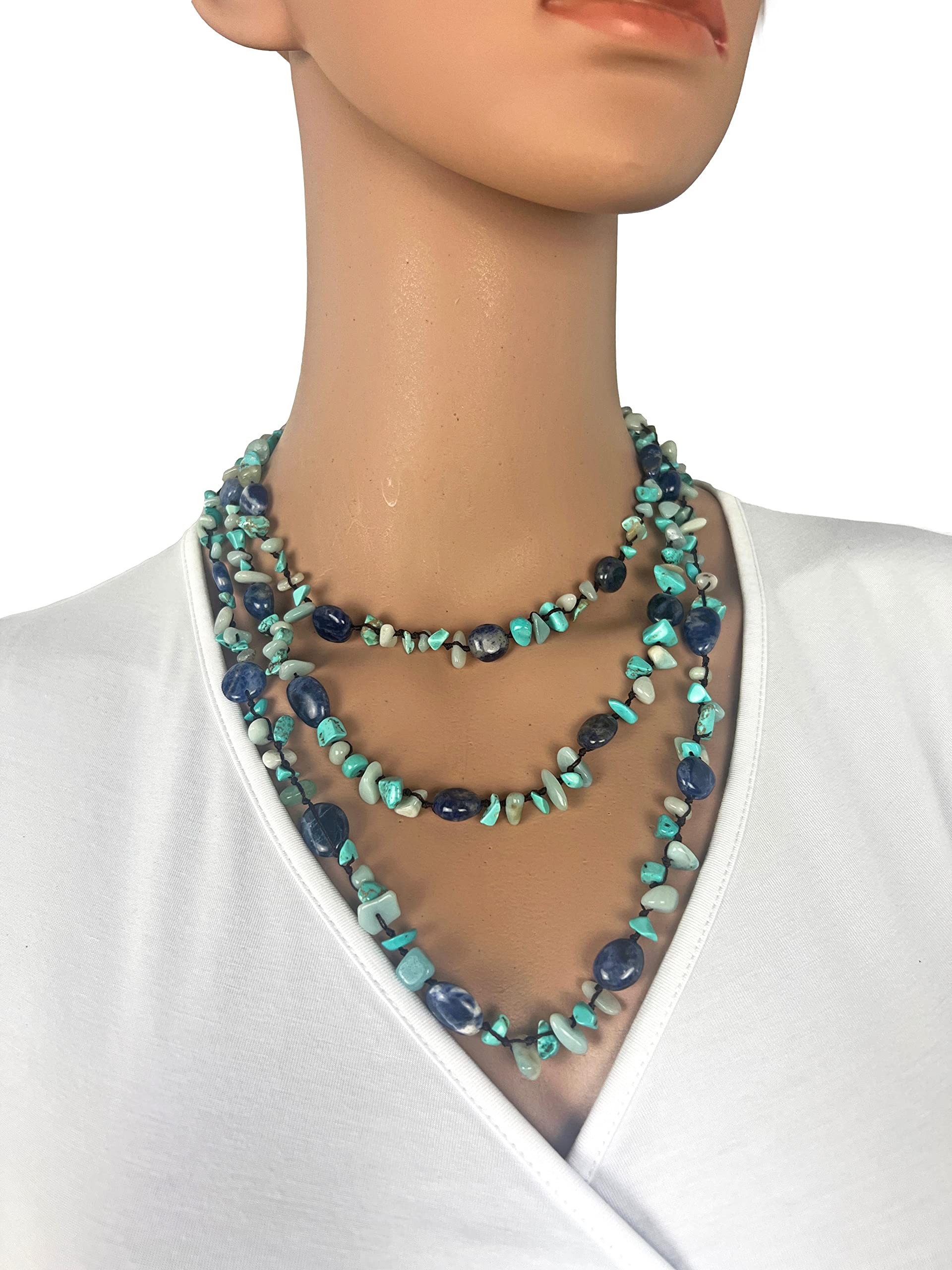 MGR MY GEMS ROCK! Beaded Sodalite Mix Stone Endless Infinity Long or Multi layered Boho Statement Necklace, 60" Long.