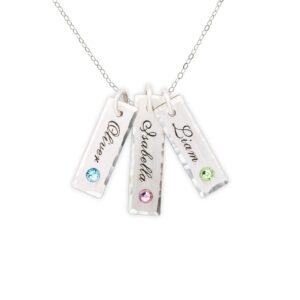 unity in three with swarovski setting personalized charm necklace. customized pendants with names of your choice. choose up to 3 birthstones, and 925 chain. gifts for her