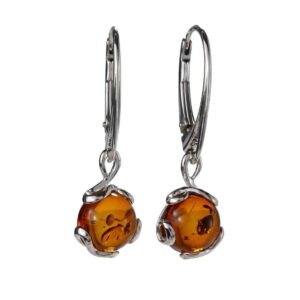 GIA Certified Sterling Silver and Baltic Honey Amber French Leverback Round Earrings