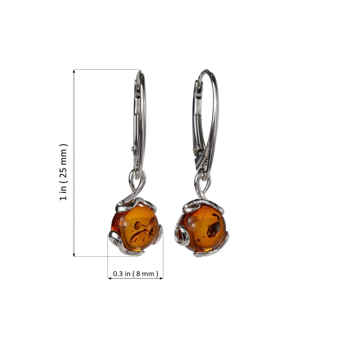 GIA Certified Sterling Silver and Baltic Honey Amber French Leverback Round Earrings