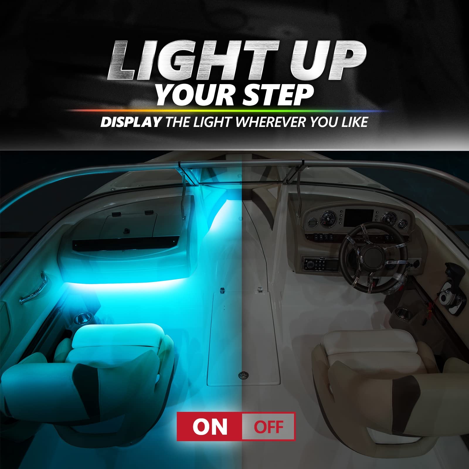 OPT7 AURA PRO Bluetooth LED Marine Boat Light, w/Music Sync RGB Interior Lighting Strip, Multi Color n Mode, iOS/Android Smart APP, IP67 Waterproof Deck Lights for Pontoon Bass Yacht Kayak, 12V