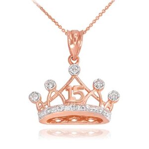 sideways crosses 10k rose gold sweet 15 años quinceanera crown pendant necklace with cubic zirconia, 18"