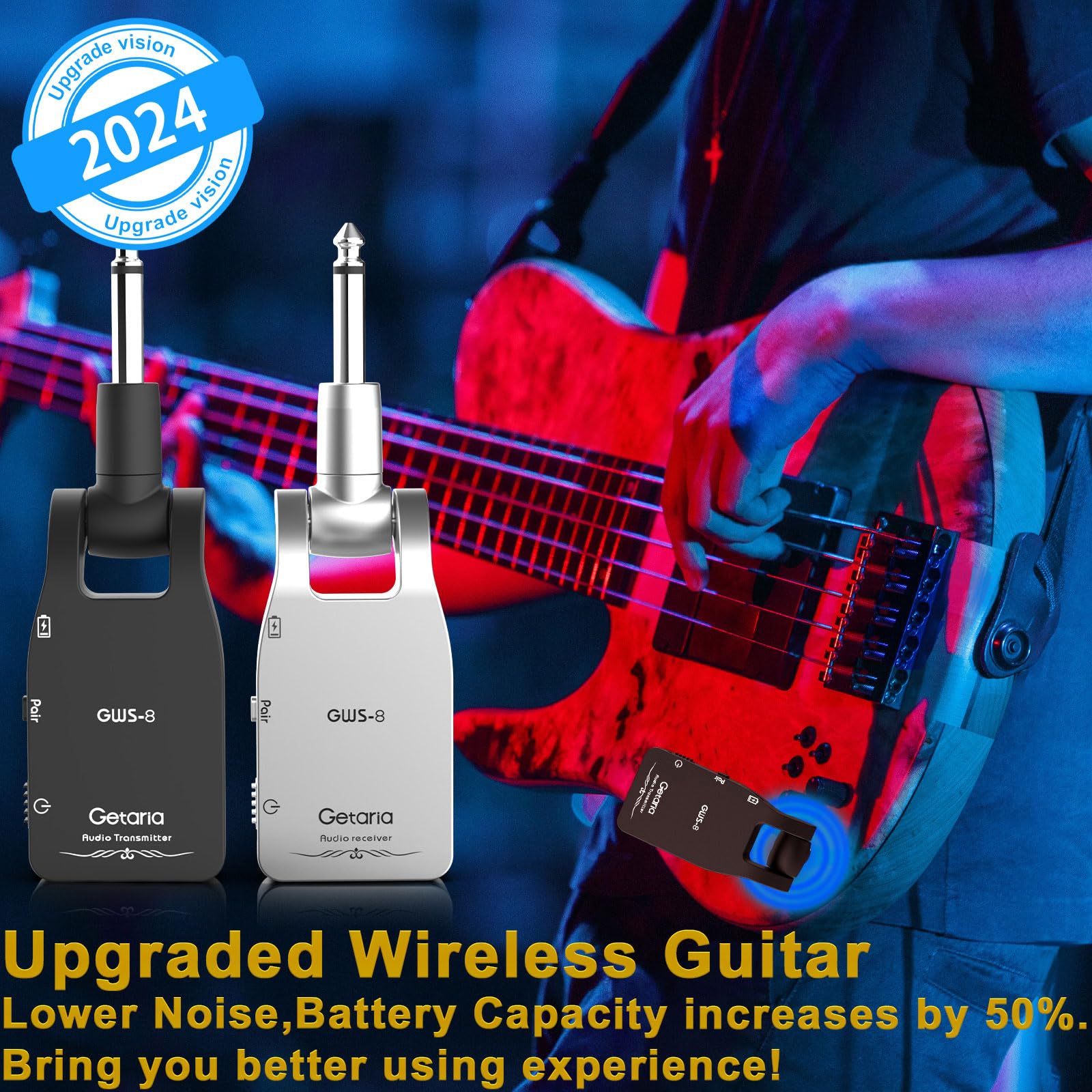 Getaria Wireless Guitar System 2.4GHz Wireless Guitar Transmitter Receiver Electric Guitar Wireless Rechargeable Lithium Battery Audio Guitar Wireless System