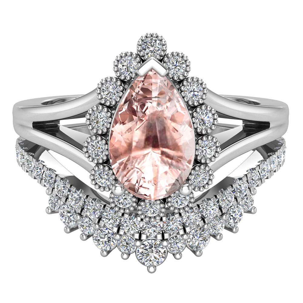 Morganite Engagement Ring - Wedding Ring Set for Women 14K White Gold 8 mm Pear Shape (G,I1) RS 8.5