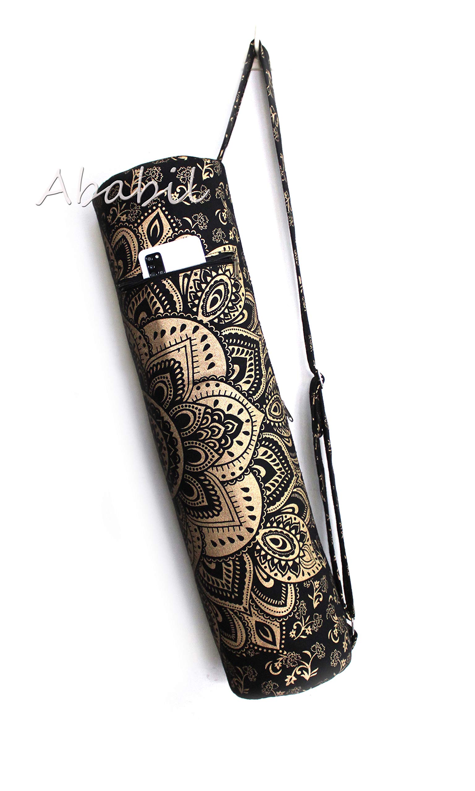 Ababilart Indian Mandala Black Gold Hippie Yoga Mat Carrier Bag with Shoulder Strap