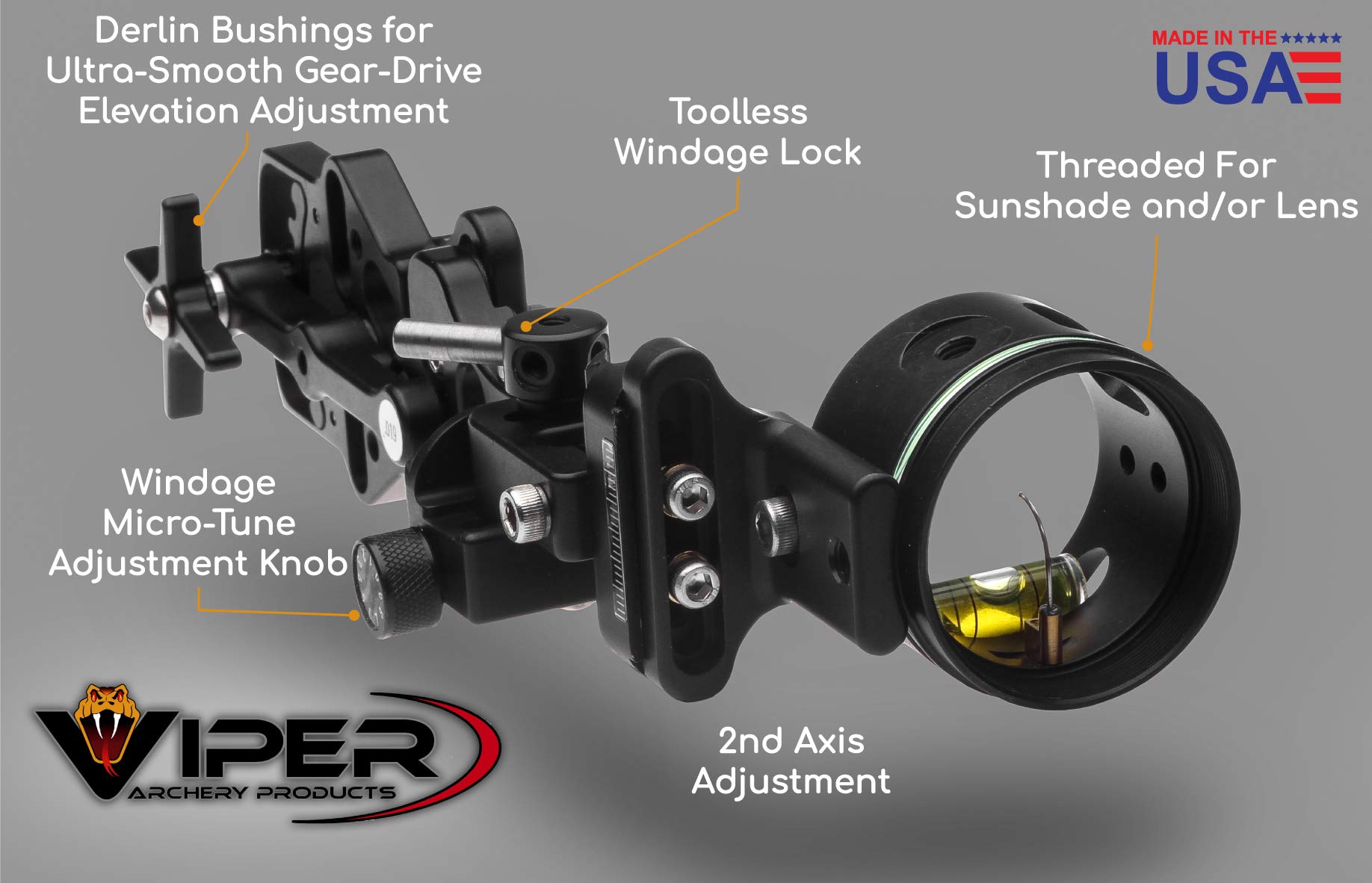 VIPER Archery Sidewinder XL Compound Bow Sight - Made in USA - Machined Aluminum, Bright Single Pin, Toolless Quickset Gear-Drive Elevation & Micro-Tune Windage Adjustments, 0.010 Pin