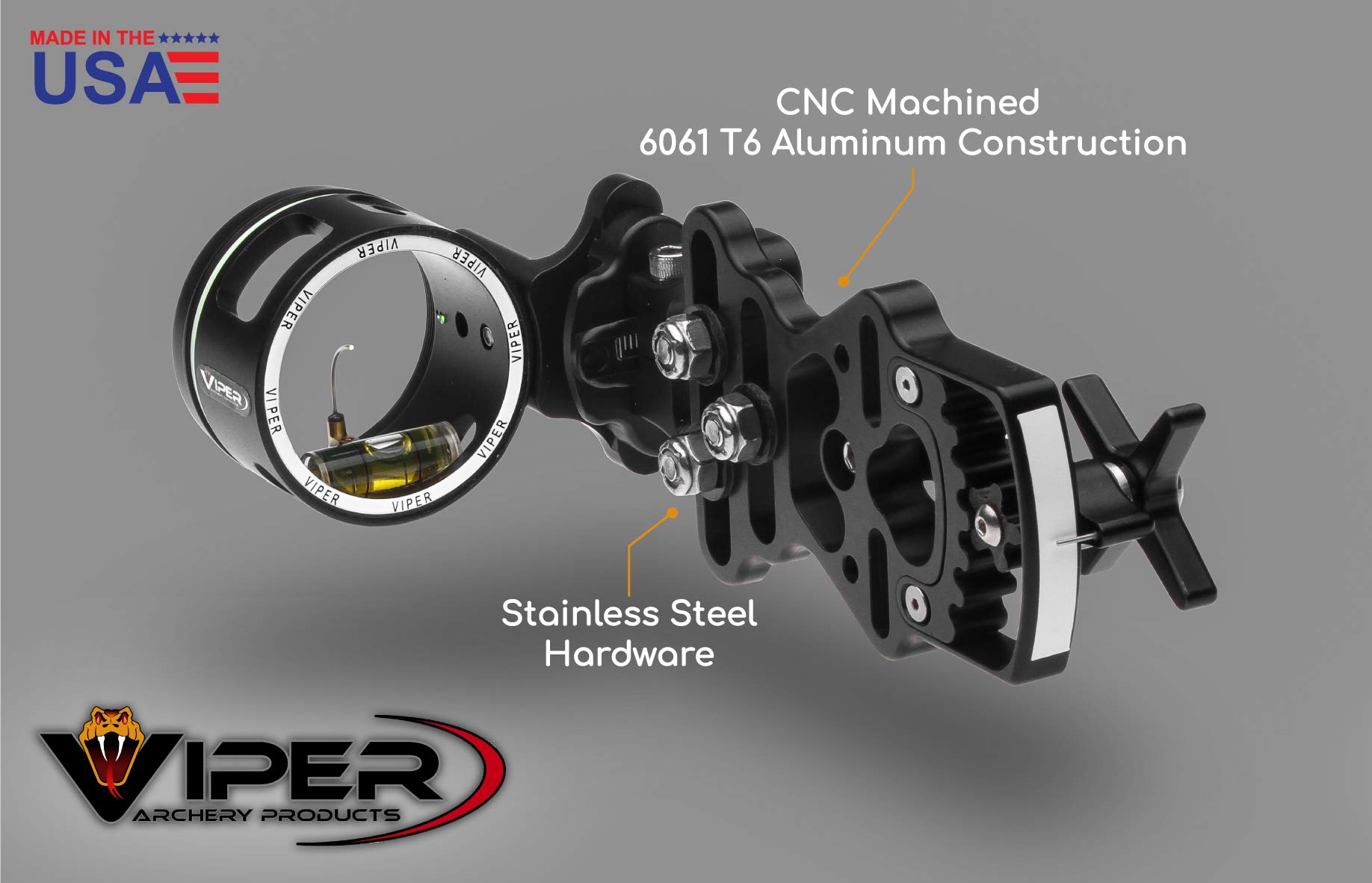 VIPER Archery Sidewinder Compound Bow Sight - Made in USA - Machined Aluminum, Bright Fiber-Optic Single Pin, Toolless Quickset Gear-Drive Elevation Adjustment, 0.015 Pin