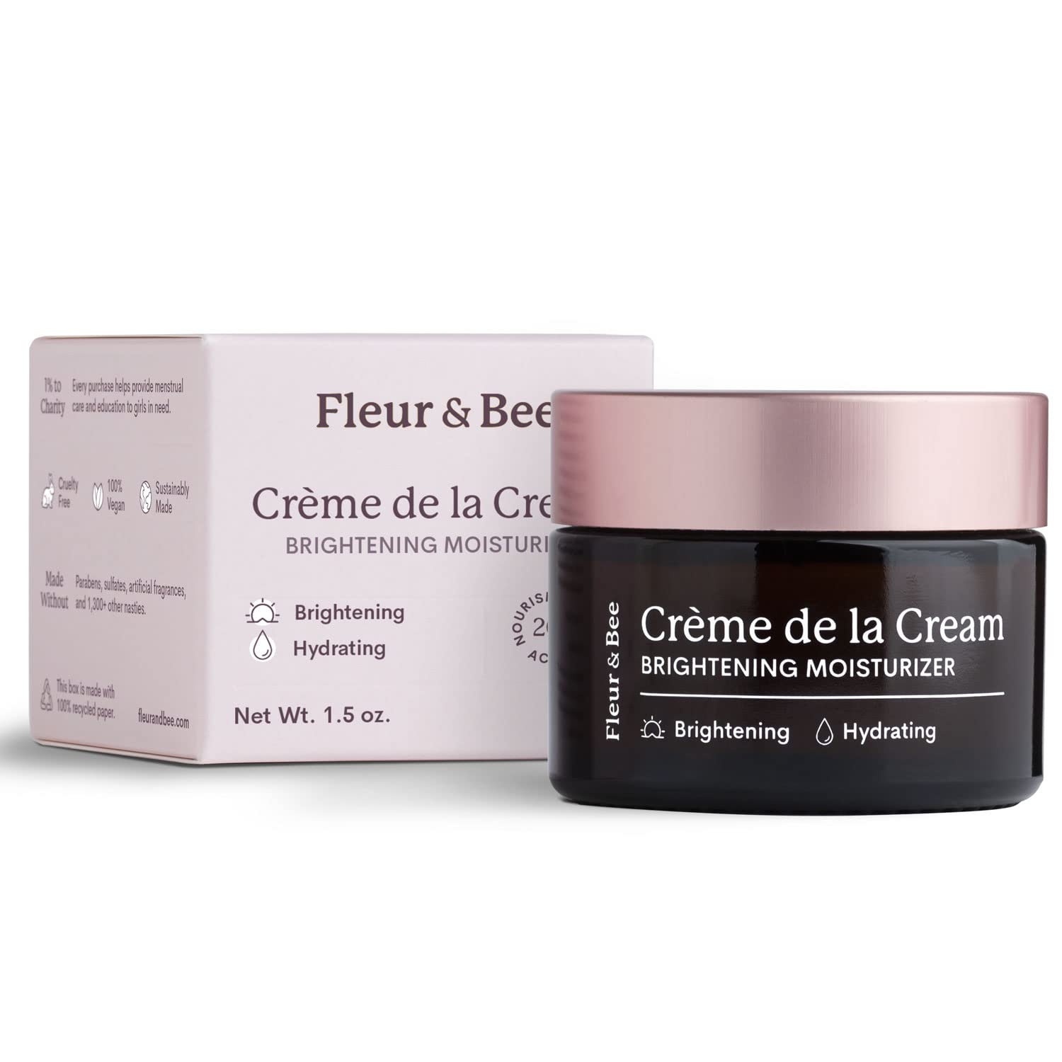 FLEUR & BEE Brightening Moisturizer | Clean, 100% Vegan | Anti Aging, Wrinkle Cream with Vitamin C | Wrinkles, Hyperpigmentation & Dark Spot Corrector for Face | Crème de la Cream 1.5 oz