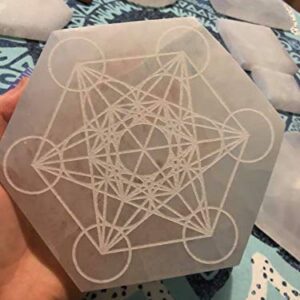 6" Hexagon Selenite Charging Plate, Metatrons Cube Grid, E1017, Sacred Geometry, Crystal Grid