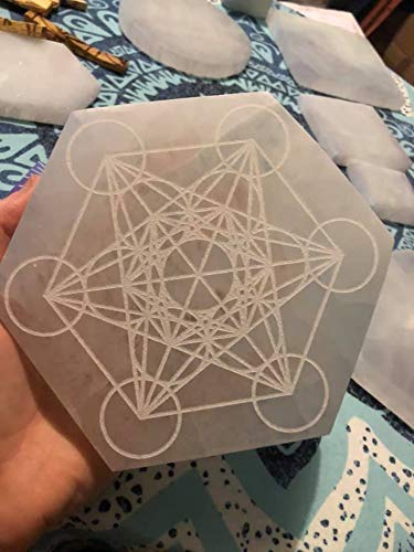 6" Hexagon Selenite Charging Plate, Metatrons Cube Grid, E1017, Sacred Geometry, Crystal Grid