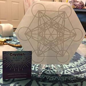 6" Hexagon Selenite Charging Plate, Metatrons Cube Grid, E1017, Sacred Geometry, Crystal Grid