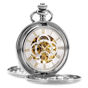 manchda silver pocket watch for men son pocket watch mechanical pocket watch with chain retro smooth classic handwind pocket watch roman numerals pocket watch for women