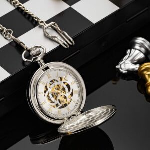 ManChDa Silver Pocket Watch for Men Son Pocket Watch Mechanical Pocket Watch with Chain Retro Smooth Classic Handwind Pocket Watch Roman Numerals Pocket Watch for Women