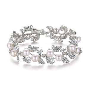 EVER FAITH Austrian Crystal Ivory Color Simulated Pearl Bridal Flower Leaf Bracelet Clear Silver-Tone