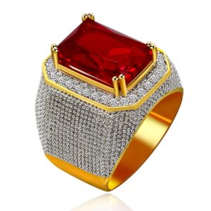 Uloveido Men's Emerald Cut Red Cubic Zirconia Ring with Wide Band Dainty Birth-stone Ring Birthday Father's Day Gifts Idea for Men Husband (Size 12) RA408