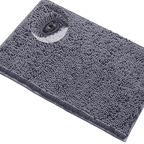 LuxUrux Chenille Bath Rugs Mat Non-Slip Bathroom Rug Shag Shower Mat Machine-Washable Bath Mats with Water Absorbent Soft Microfibers, 20" W x 30" L, Dark Grey